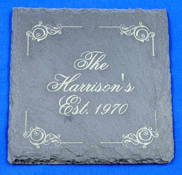 Slate Coasters (100mm x 100mm) with text/logo
