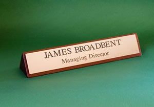 Hardwood Toblerone Desk sign - Polished Brass (200mm x 45mm x 45mm approx.)